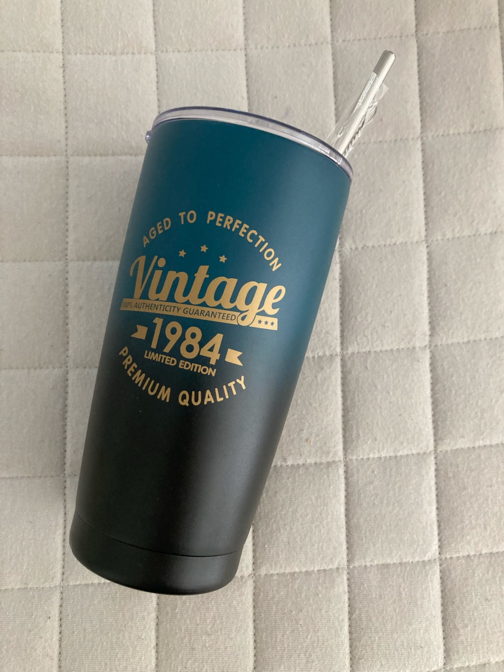 Vintage 1984 Stainless Tumbler in Teal and Black with Gold Logo